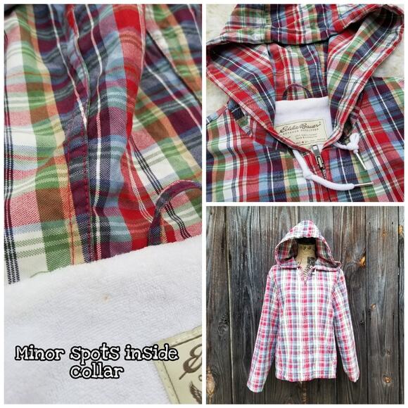 VTG Y2K Red Plaid Jacket Eddie Bauer Size M Hooded Zip Front Vintage 90s Med - Picture 6 of 10